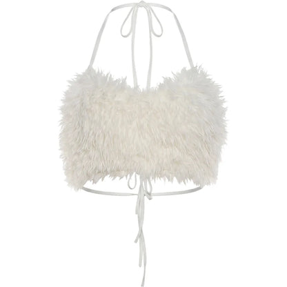 Hottie Backless Furs Tank Top Women Sexy Fashion Halter Bandages Elegant Simple Party Clubwear Trend High Street Vest