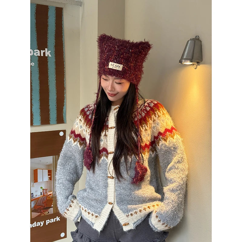 Cute Mohair Cat Ear Star Knit Beanie For Women