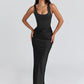 Backless Ruched Sexy Maxi Dress Women Gown Elegant Square Collar Sleeveless High Waist Bodycon Club Party Long Dresses