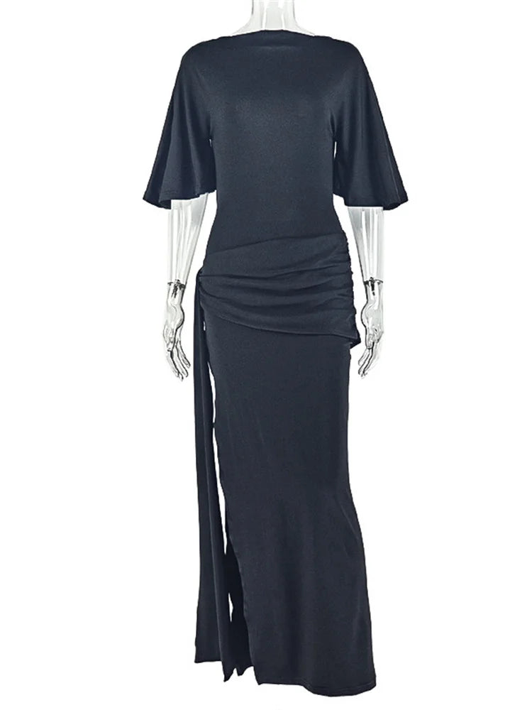 Elegant Dress Women Sexy Split Y2K Belt Ribbon Patchwork Backless Short Sleeve Classic Evening Birthday Party Bodycon