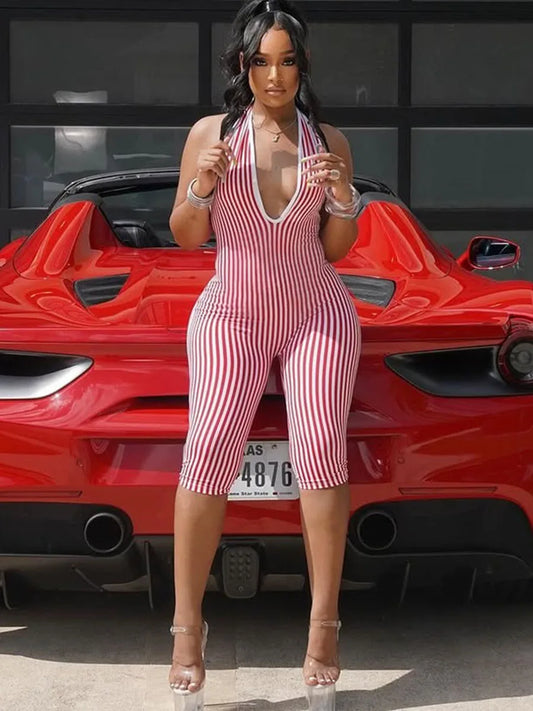 Stripe Print Playsuit Women Sleeveless Backless Halter Bandage Skinny Sexy Clubwear Activity Fitness Workout Romper