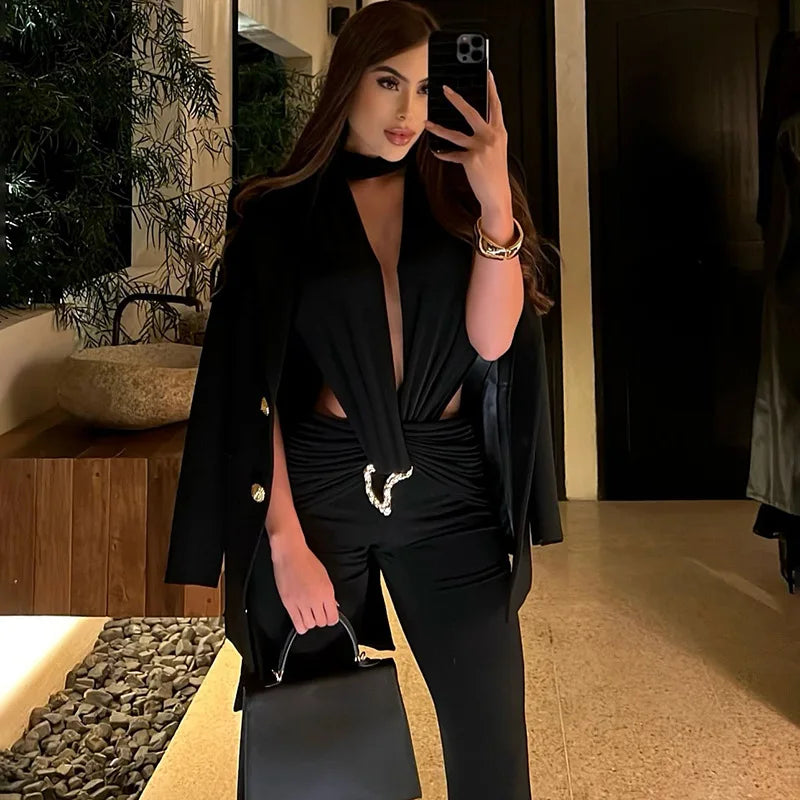 Sexy Jumpsuits for Woman Outfit Club Wear One Pieces Sleeveless Deep V Neck Backless Flare Jumpsuit