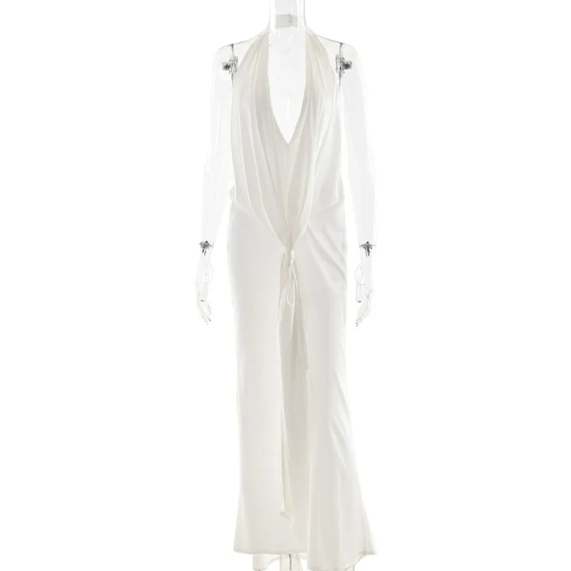 Summer White Dress Evening Party Elegant Satin Deep V Neck Backless Split Long Dresses for Woman Clothing