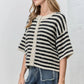 Women Contrast Stripe Plush Mohair Knit Cardigan Round Neck Button Front Half Sleeve Loose Fit Cropped Knit Jacket Fall