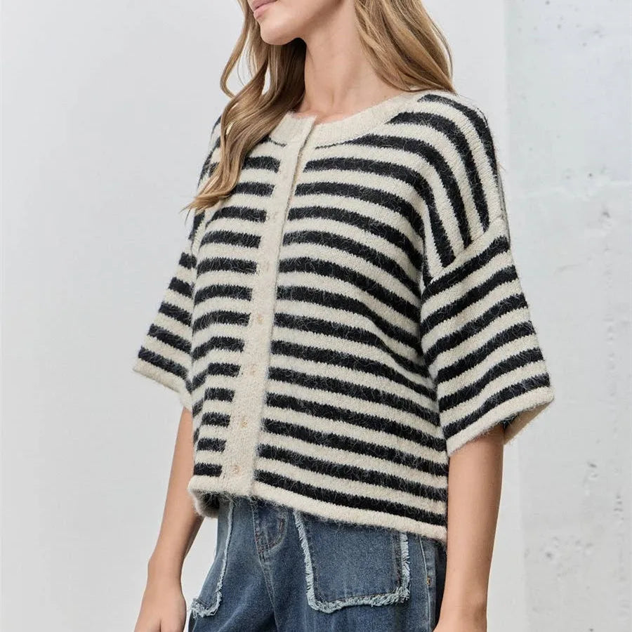 Women Contrast Stripe Plush Mohair Knit Cardigan Round Neck Button Front Half Sleeve Loose Fit Cropped Knit Jacket Fall