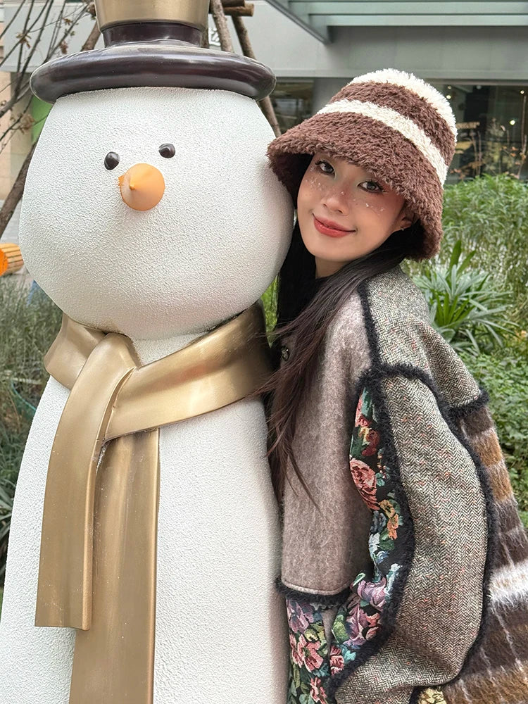 Sweet Striped Color Block Warm Plush Bucket Hat For Women