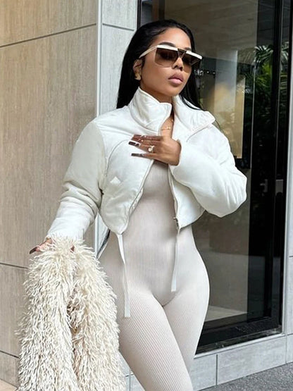 Ribbon Winter Warm Zip Crop Jacket Women Pocket Turtleneck Full Sleeve High Street Hipster Basic Puffer Quilted Parkas