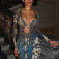 Sexy See Through Dress Woman Butterfly Print Metal Ring Hollow Full Sleeve Splits Clubwear Midnight Elegant Bodycon