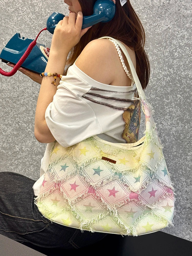 Women's Star Print Denim Hobo Bag, Gradient Color Fringed Shoulder Tote, Large Capacity Casual Aesthetic Shopper Bag