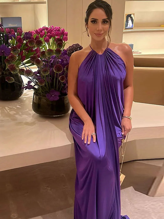 Elegant Ruched Halter Dress Woman Sexy Sleeveless Summer Trend Silky Skinny Gown Robe Vacation Banquet Party Vestidos