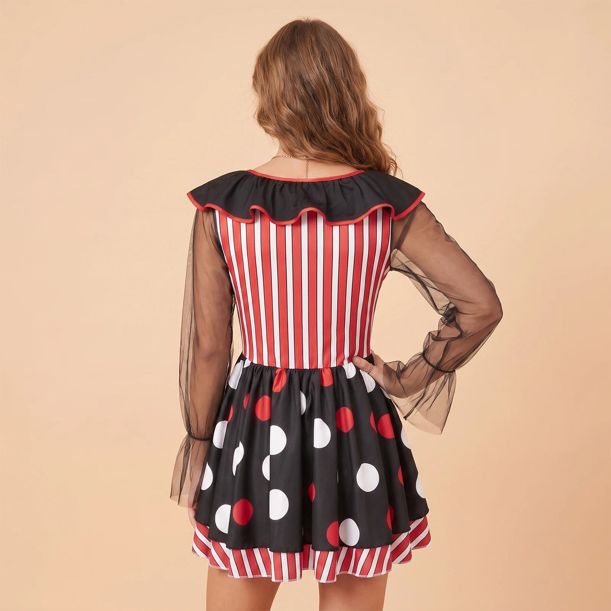 Clown Cosplay Dress Women Mesh Long Sleeve Ruffle Neck Stripe Polka Dot A Line Short Dress Party Club Costume
