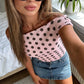 Women Pink Polka Dot Off Shoulder Top Short Sleeve Slim Fit Y2K Style T-Shirt Casual Summer Fitted Blouse Streetwear