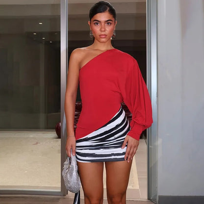 Asymmetrical One-shoulder Mini Dress with Draped Striped Skirt Overlay Fall 2026 Sexy Party Dresses Woman