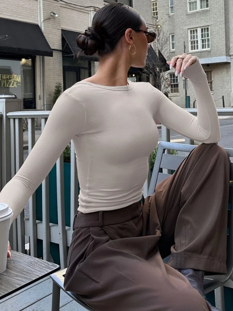 Solid Color Backless Long Sleeve Top Popular Clothing Woman Fall 2025 Ladies T Shirts