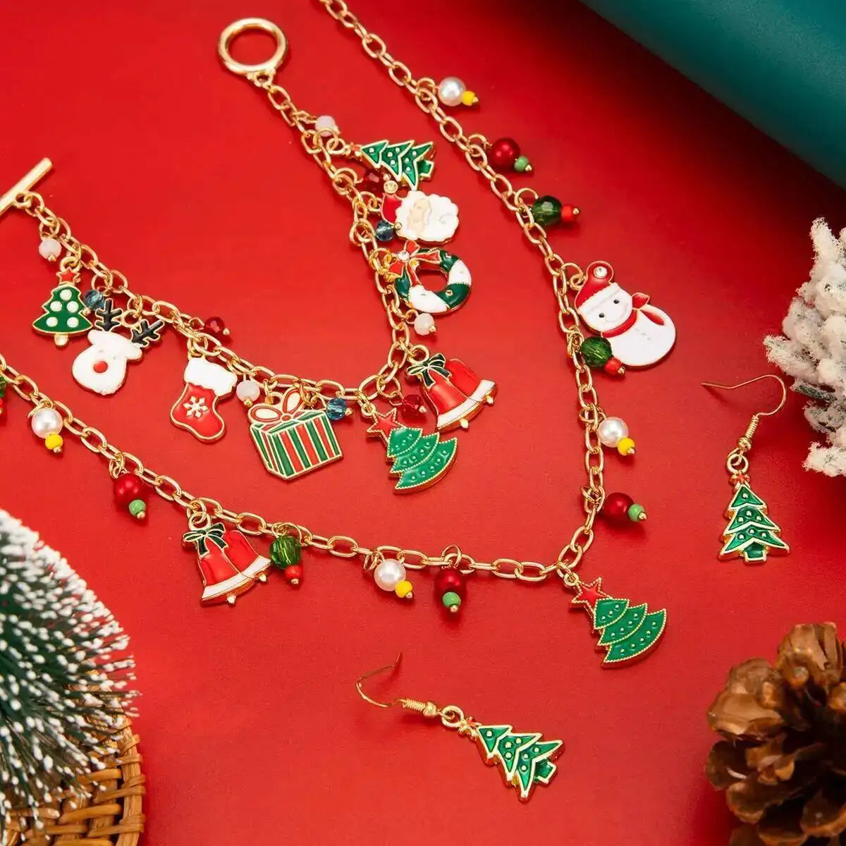 Christmas Tree Santa Snowman Jewelry Set - Trendy Festival Pendant Necklace Bracelet Earring Women's Xmas Gift