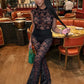 Sexy Mesh See Through 2 Piece Set Women Skinny Sleeveless Bodysuits+Flared Pants Midnight Club Party Coquett Outfits