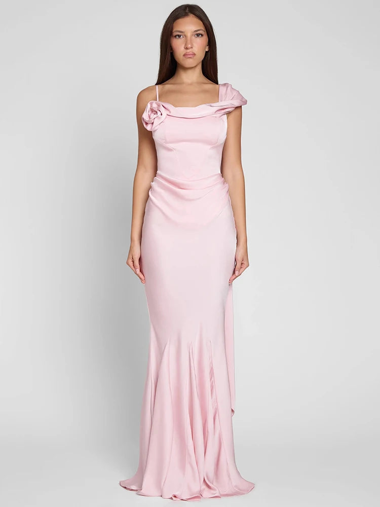 Satin Backless Sexy Maxi Dress Women Elegant One Spaghetti Strap Sleeveless Ruched Waist Club Party Mermaid Long Dress