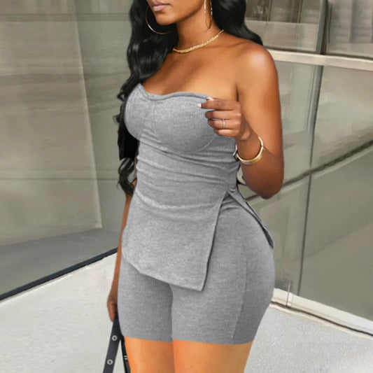 Women 2 Piece Outfits Stylish Solid Sleeveless Slim Fit Tube Tops and Elastic Waist Shorts Set for Party Daily Wear