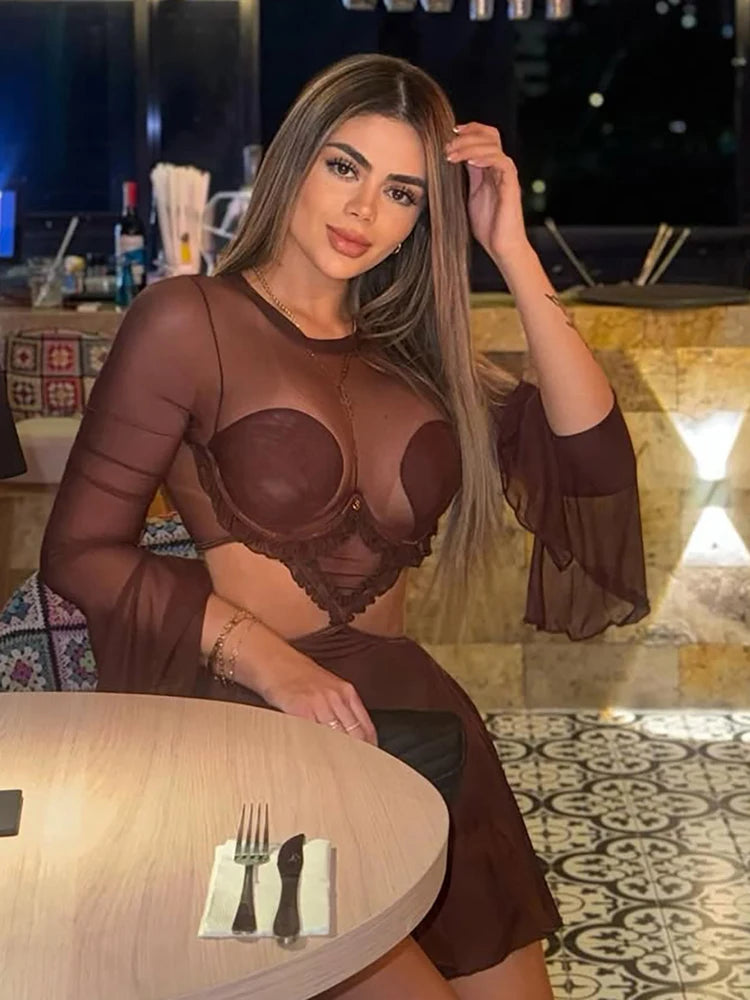 Waistless Pleated Hem Dress Women See Through Sexy Midnight Full Sleeve Coquette Clubwear Party Rave Mini Bodycon