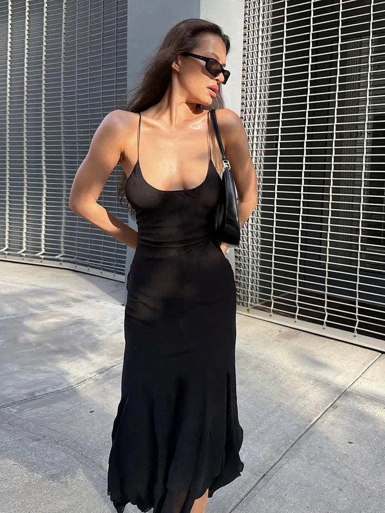 Ruffles Irregular Hem Maxi Dress Women Low-Neck Sleeveless Solid Skinny Simple Classic Summer High Street Vestidos