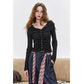 Women's V Neck Long Sleeve Tee with Ruched Front, Black Button Crop Top, Slim Casual Fall Top