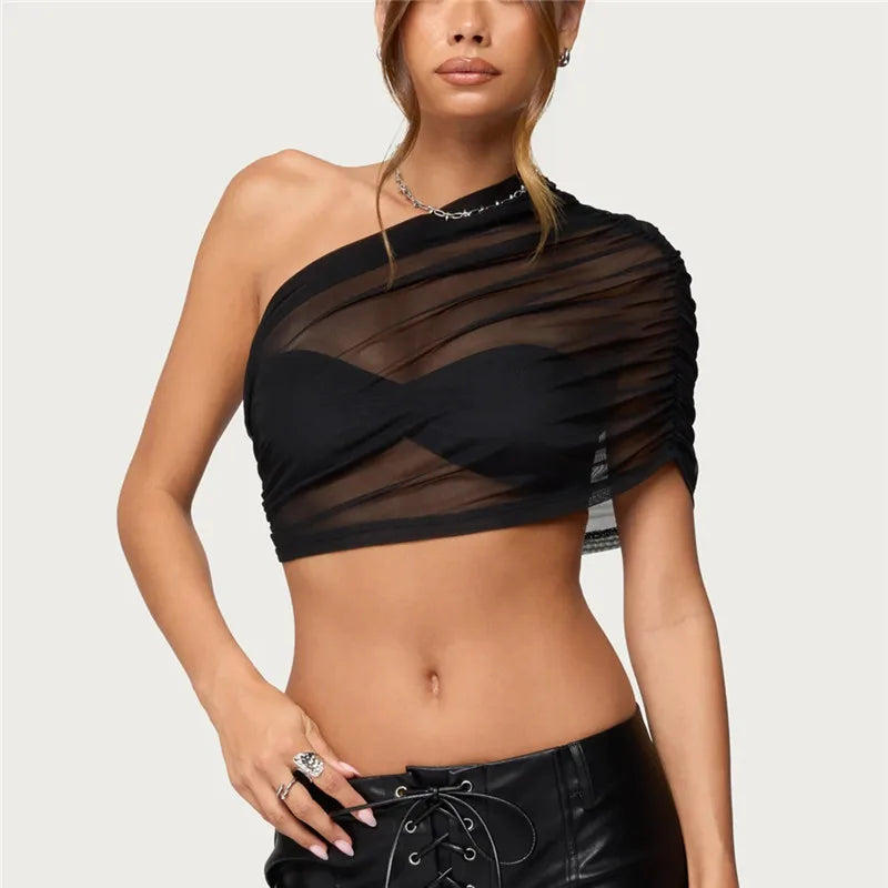 Women Sheer Mesh Cover Ups with Layered Bandaeu Bra Set Solid Color One Shoulder Summer Crop Tops Y2K Streetwear