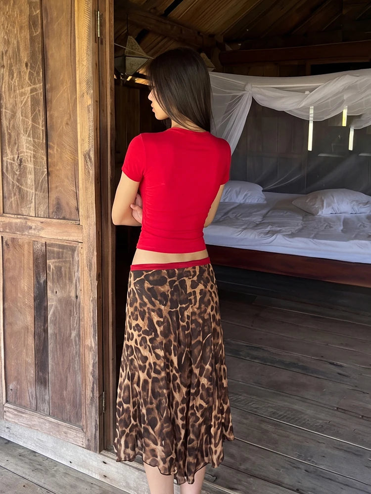 Patchwork Leopard Print Skirt Women Elastic Waist Classic Street Chic Summer Fashion Vacation Daily Leisure Clubwear