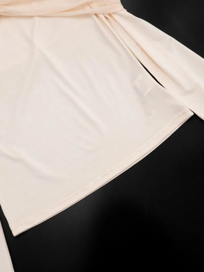 Off The Shoulder Long Sleeve Top with Sheer Mesh Ruched Overlay Elegant Fall T Shirts Woman Clothing