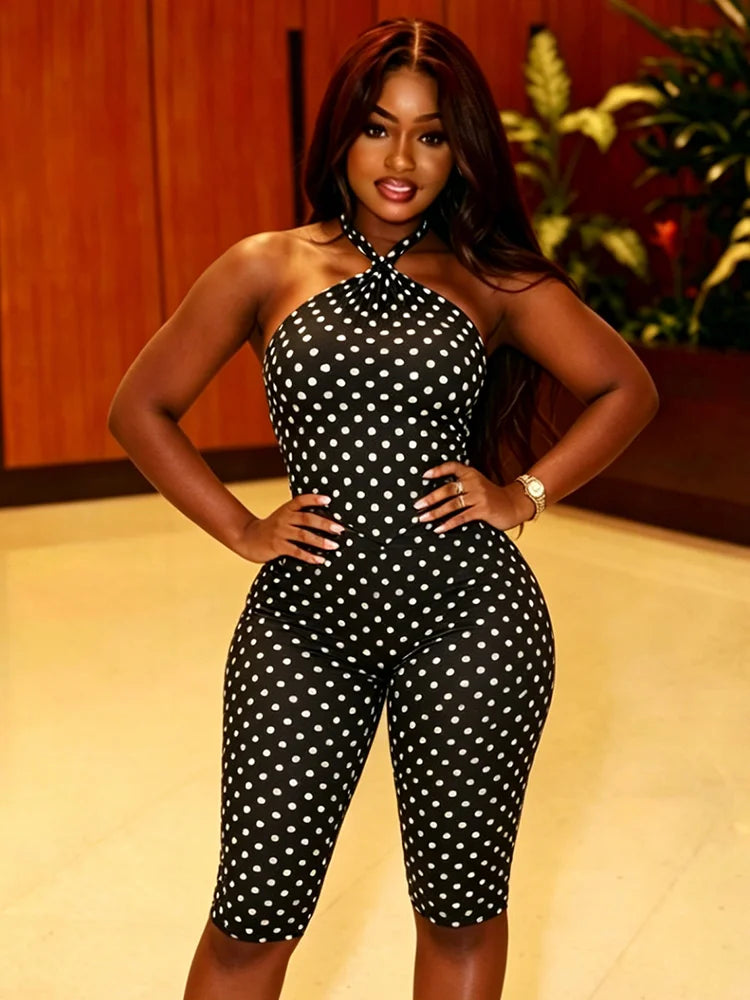 Midnight 2-Piece Set Polka Dot Print Women Halter Bandage Backless Vest+Elastic Waist Midnight Elasticity Sexy Outfits