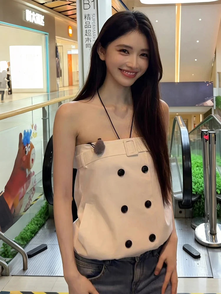 Chest Wrap Double-Breasted Tank Tops Women Square Decoration Classic Music Festival High Street Summer New Trend Outfit