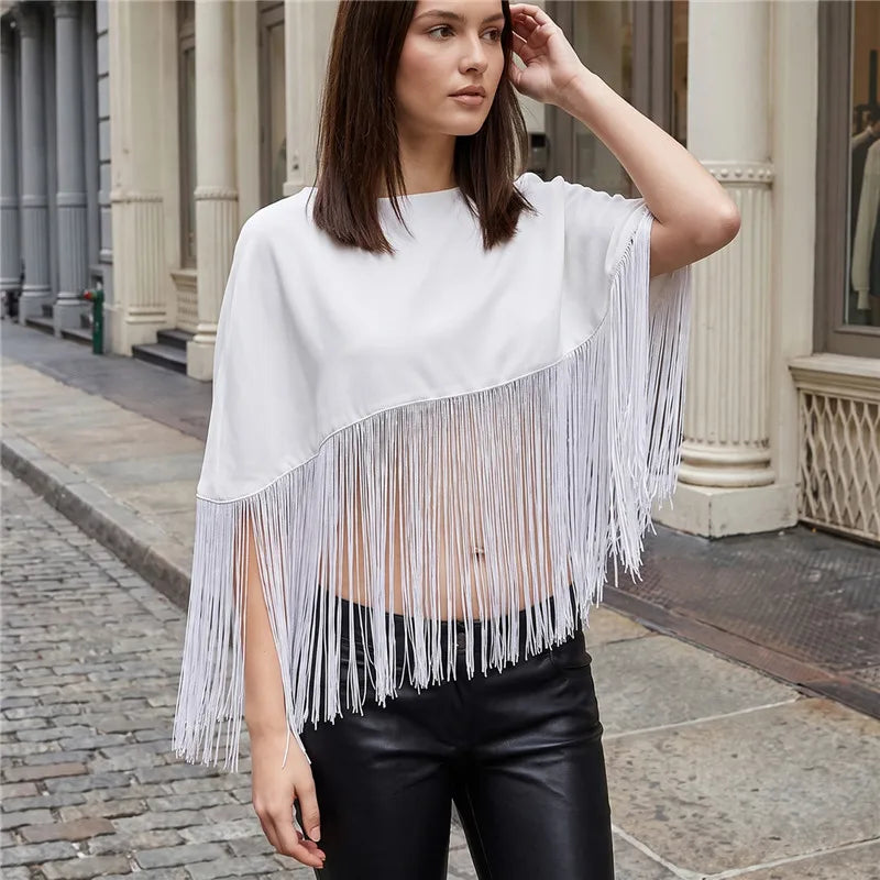 Women Fringe Cape Shawl Round Neck Short Poncho Tassel Hem Capelet Back Zipper Evening Party Cover Up Dressy Outerwear