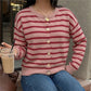Women Striped Knit Cardigan Crew Neck Button Down Long Sleeve Sweater Notched Neckline Knitwear Fall Winter Streetwear