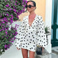 Classic Polka Dot Print White Dress Woman Clothing Sexy Deep V Neck Flare Sleeve Short Dresses Fall