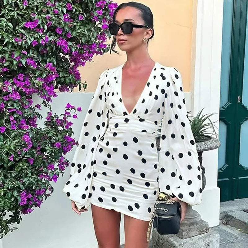 Classic Polka Dot Print White Dress Woman Clothing Sexy Deep V Neck Flare Sleeve Short Dresses Fall
