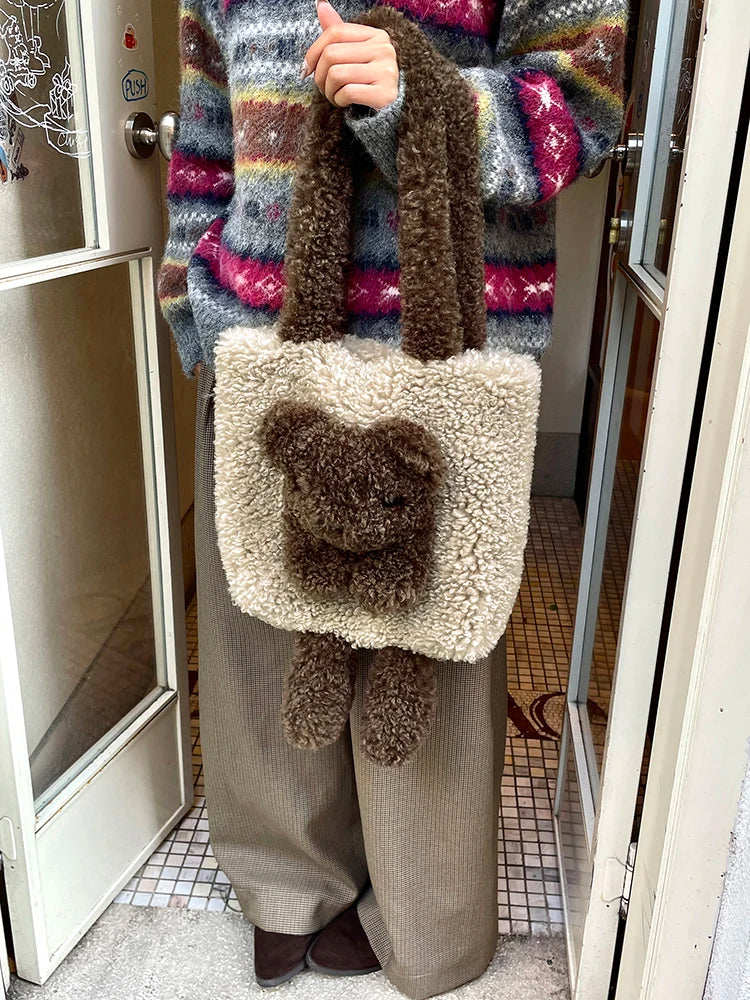 Y2K Cute Lambswool 3D Bear Soft Warm Shoulder Bag For Women
