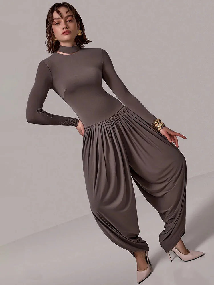 Long Sleeve Draped Sexy Jumpsuit Women Overalls Autumn Winter New Patchwork Solid Turtleneck High Waist Slim Jumpsuis