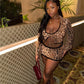 Leopard Print Sexy Wild 2 Piece Set Women Shiny Sequins Low-Neck Shirring Splits Tops+Skinny Skirts Club Party Suits