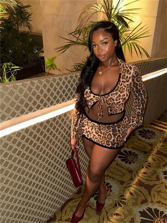 Leopard Print Sexy Wild 2 Piece Set Women Shiny Sequins Low-Neck Shirring Splits Tops+Skinny Skirts Club Party Suits