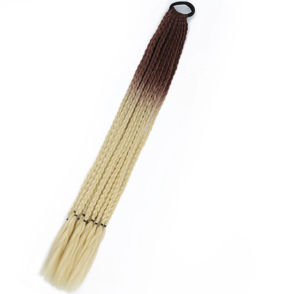Synthetic 24inch Girls Colored Box Braided Ponytail With Elastic Rubber Band Hair Extensions Rainbow Color Box Pigtail Hairpiece