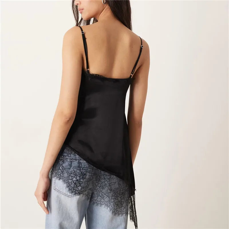 Womens Satin Camisole Tops Stylish Solid Color Lace Trimmed Asymmetric Cut Sleeveless Spaghetti Strap Vest Summer Street