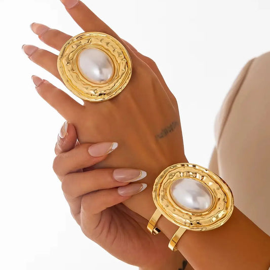 2Pcs/Set Exaggerated Circle Chunky Adjustable Open Cuff Bangles Imitation Pearl Rings for Women Grunge Jewelry Set Gift
