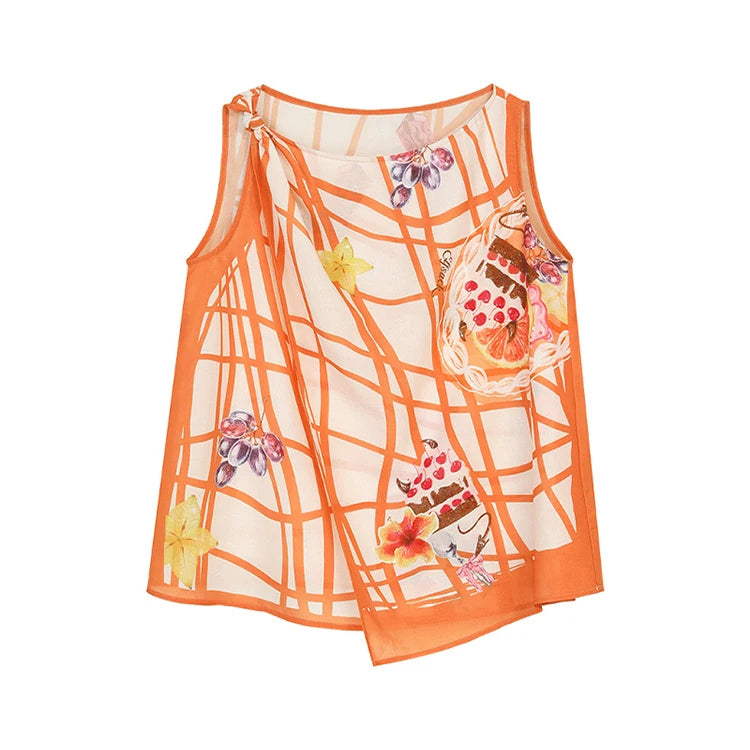 Women's Grid Fruit Cake Print Sleeveless Cami Top, Asymmetrical Hem Loose Chiffon Tank for Daily