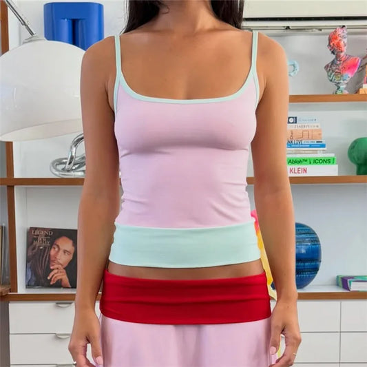 Contrast Trim Color Block Cami Top Women Spaghetti Strap Square Neck Slim Fit Retro Y2K Sleeveless Layered Tank Top