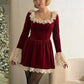 Womens Velvet Lace Mini Dress Square Neck Ruffle Flare Long Sleeve A Line Short Dress Christmas Holiday Party Dress