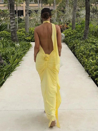 Long Party Dresses for Women Elegant Sexy Floral-applique Halter Backless Maxi Dress Summer Clothes