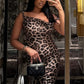 Swing collar Dress Women Sexy Leopard Print Slanted Shoulders Midnight Party Clubwear Stretch Skinny Long Bodycon