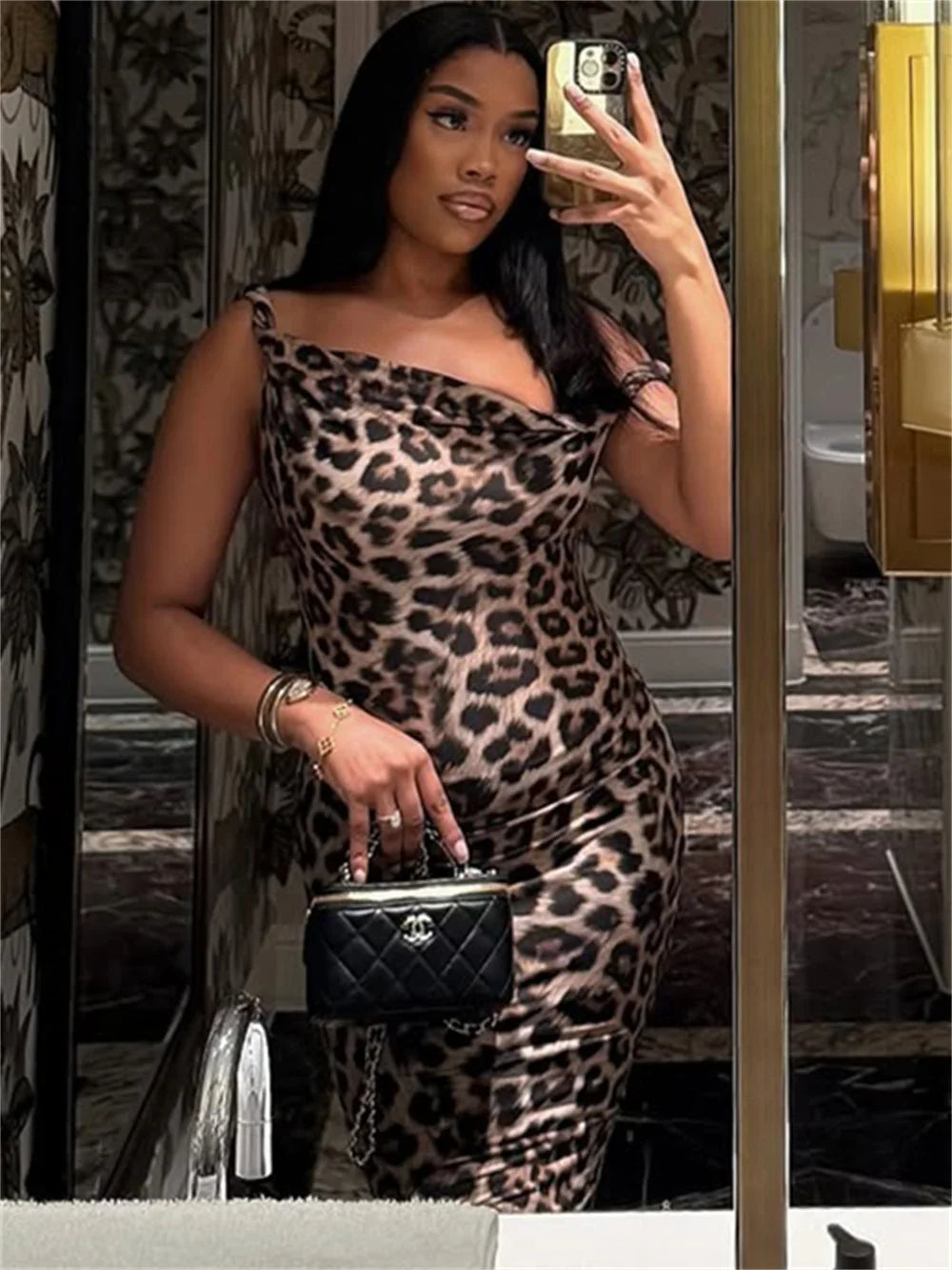 Swing collar Dress Women Sexy Leopard Print Slanted Shoulders Midnight Party Clubwear Stretch Skinny Long Bodycon