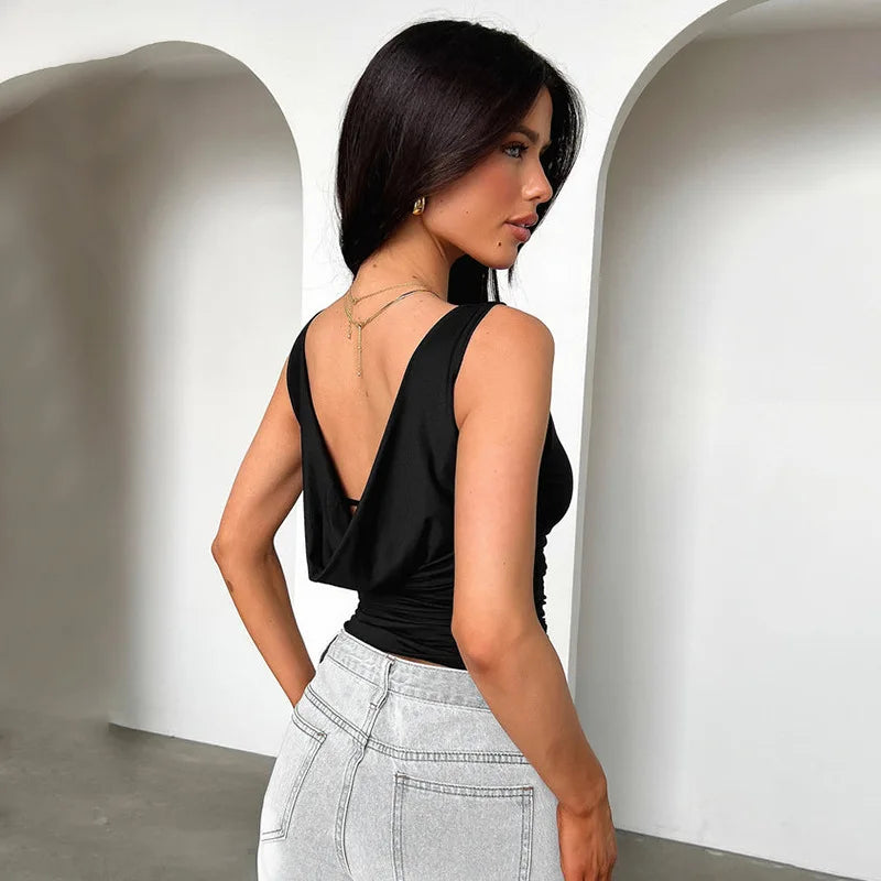 Cowl Neck Backless Tank Tops Summer 2025 Woman Clothing Fashion Sexy Sleeveless T Shirts Black