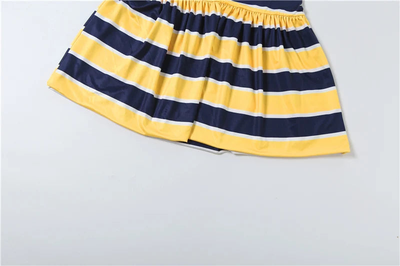 Sporty Style Mini Dress Woman Stripe Patchwork Polo-Neck Short Sleeve Shape Waist Ruched Hem Casual Fashion Bodycon