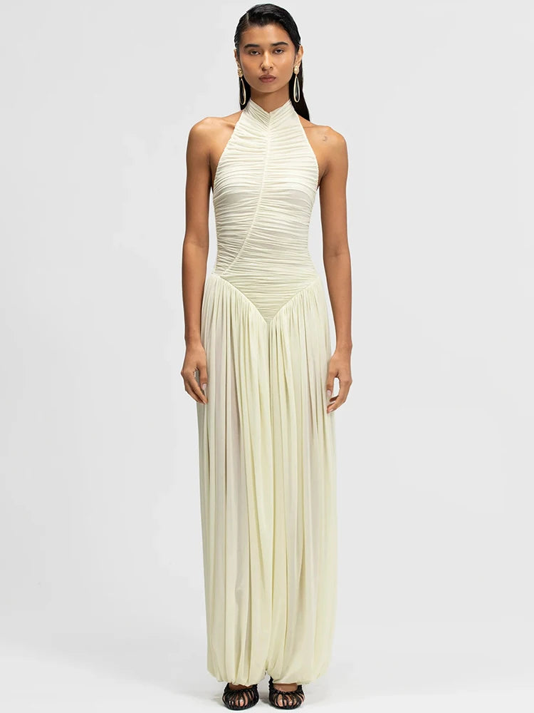 Halter Jumpsuits Women Ruched Sleeveless Backless Bodysuit Pleated Wide Leg Palazzo Pants Evening Party Flowy Overalls